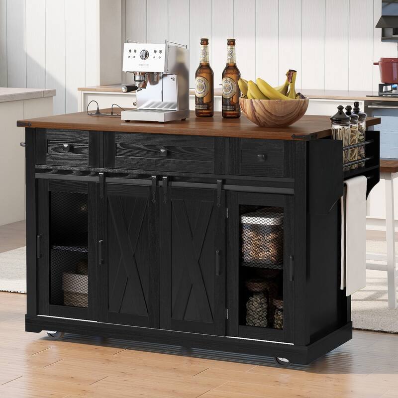 Farmhouse Kitchen Island with Storage, Rolling Kitchen Island on 5 Wheels with Spice Rack