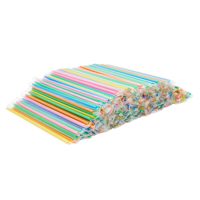 Individually Wrapped Plastic Drinking Straws, Extra Long, Bulk Set in 5 Colors (600 Pack) On