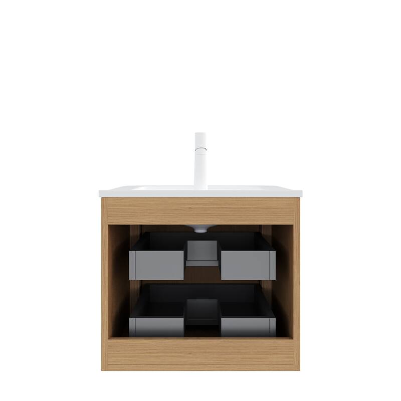 Wall-Mounted Bathroom Vanity in Walnut with Integrated White Ceramic Sink