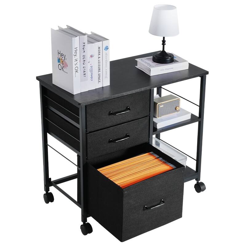 Iron and Wood 3 Drawer File Cabinet with Open Shelves and Casters - Black