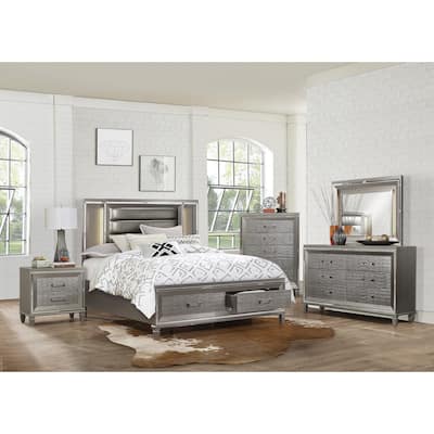 Silver Gray Finish Bedroom Furniture Sets Platform LED Bed with Storage