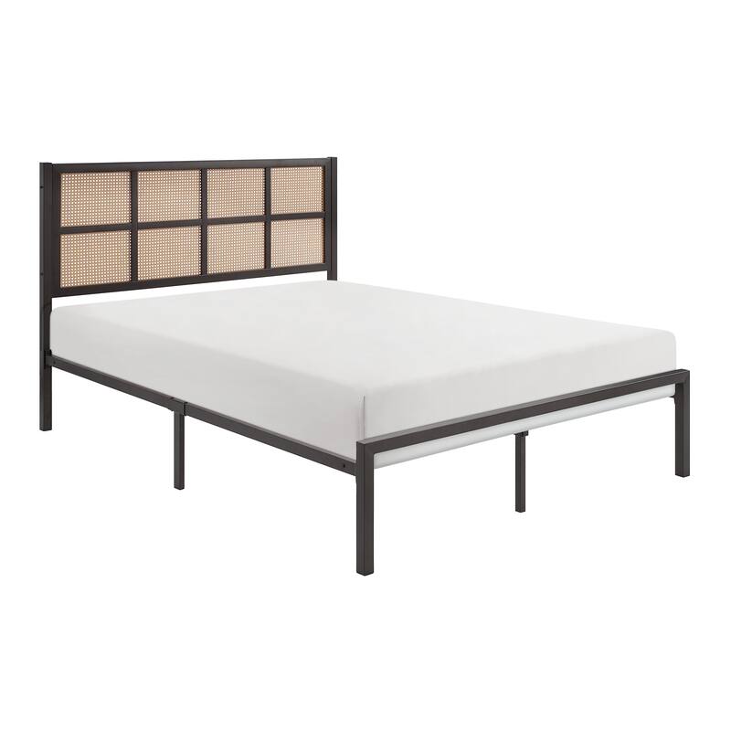 Queen Platform Bed with Faux Cane Headboard, Dark Bronze Metal Frame, No Box Spring Needed