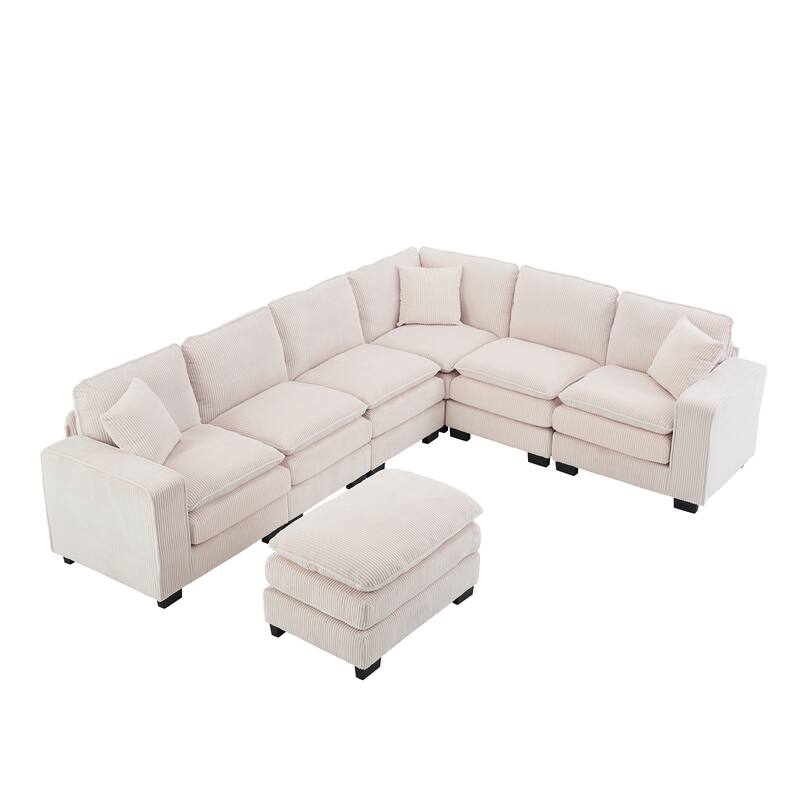 Modern U Shaped 6-seat Sectional Corduroy Sofa Couch with one Ottoman and three toss pillows ,Modular Sofa for Living Room