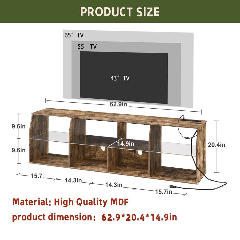 VECELO TV Stand with LED Light, Industrial Entertainment Center with 7 Open Storage