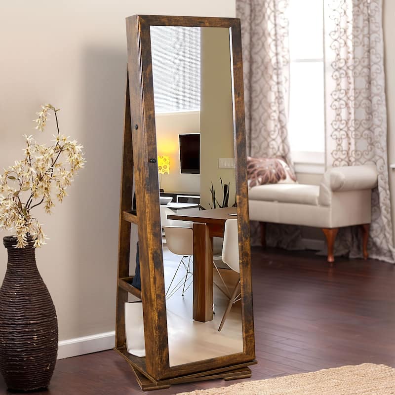 Standing Lockable Jewelry Armoire Jewelry Cabinet Organizer with Full-Length Mirror - 62.4"×14.8"