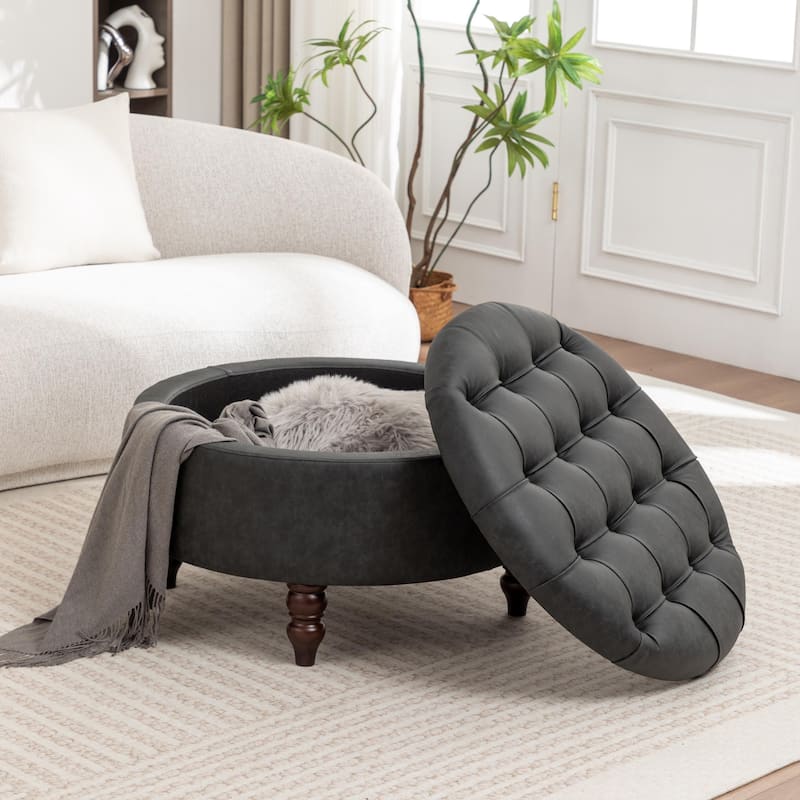 SEYNAR 29.5''Modern PU Leather Round Storage Ottoman with Wood Legs