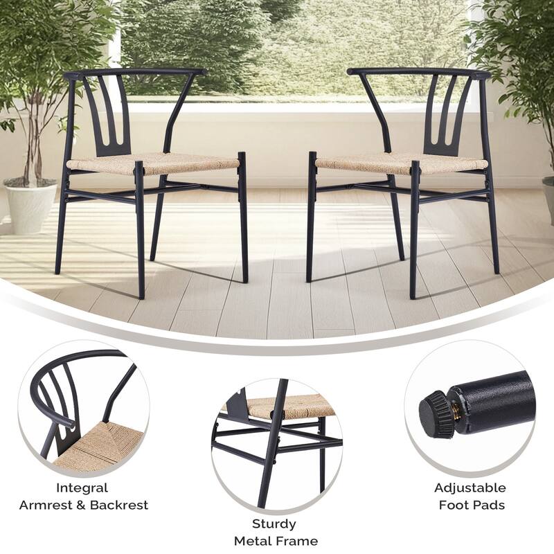 Set of 4 Hand-Woven Rope Dining Chairs with Metal Frame and Curved Back Ergonomic Design - 23” x 18.3” x 31.5”