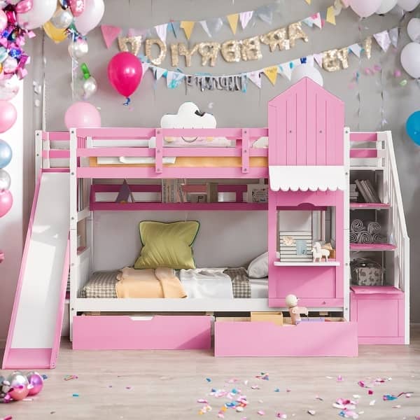 slide 2 of 13, Beautiful Playhouse Inspired Twin-Over-Twin Castle Style Bunk Bed Pink