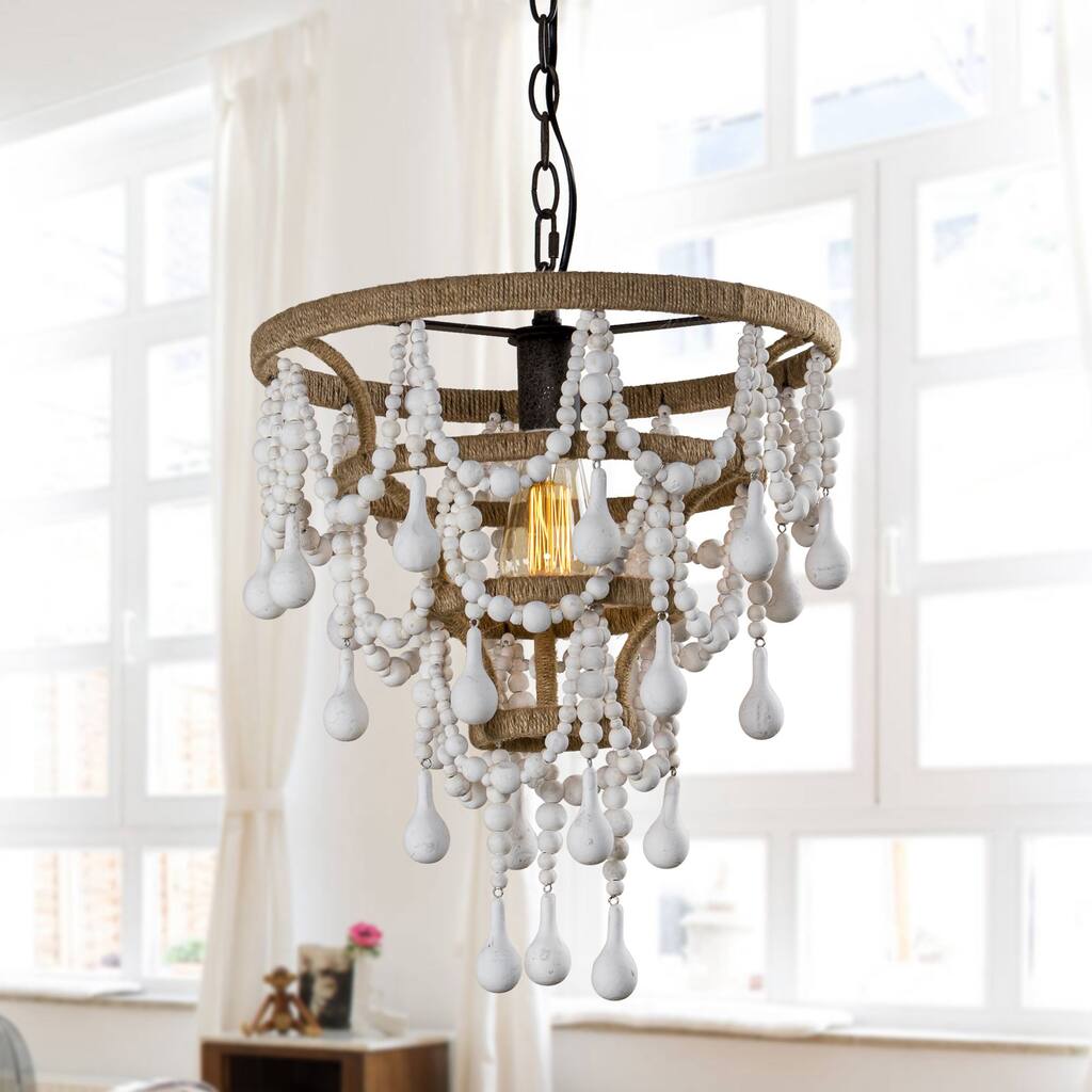 14.5-inch Boho Wood Beaded 1-Light Chandelier