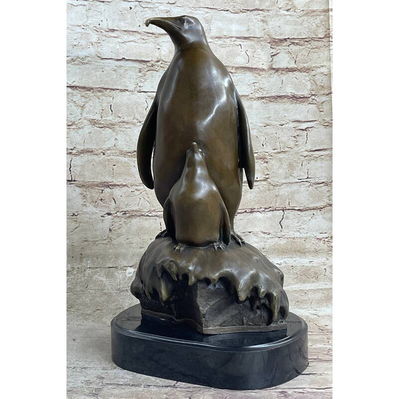 Large Mother Penguin With Her Baby Bronze Sculpture Statue Figure Figurine Art