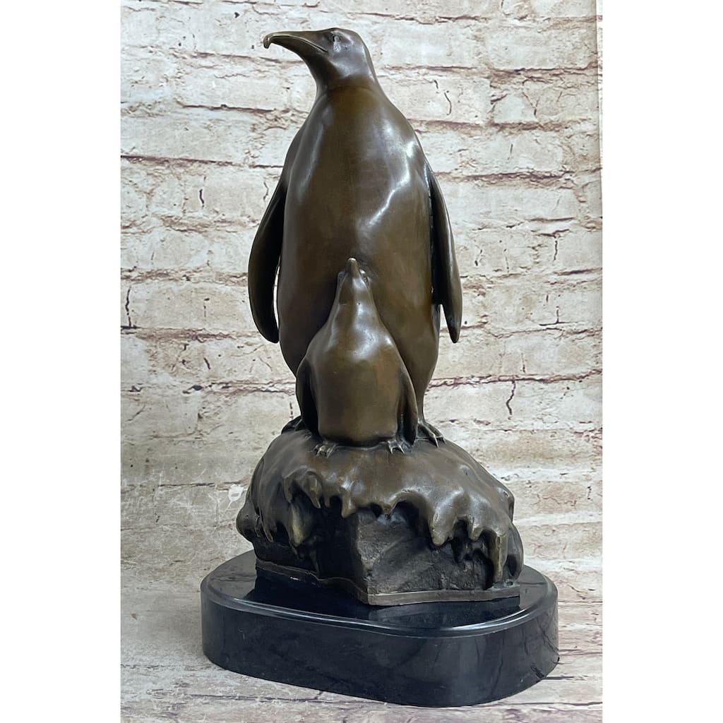 Large Mother Penguin With Her Baby Bronze Sculpture Statue Figure Figurine Art