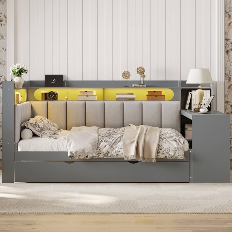 Full Size Daybed with Storage Shelves Built-in Charging Station LED Light, L-shape Upholstered Frame Sofa Bed with Cabinet, Desk