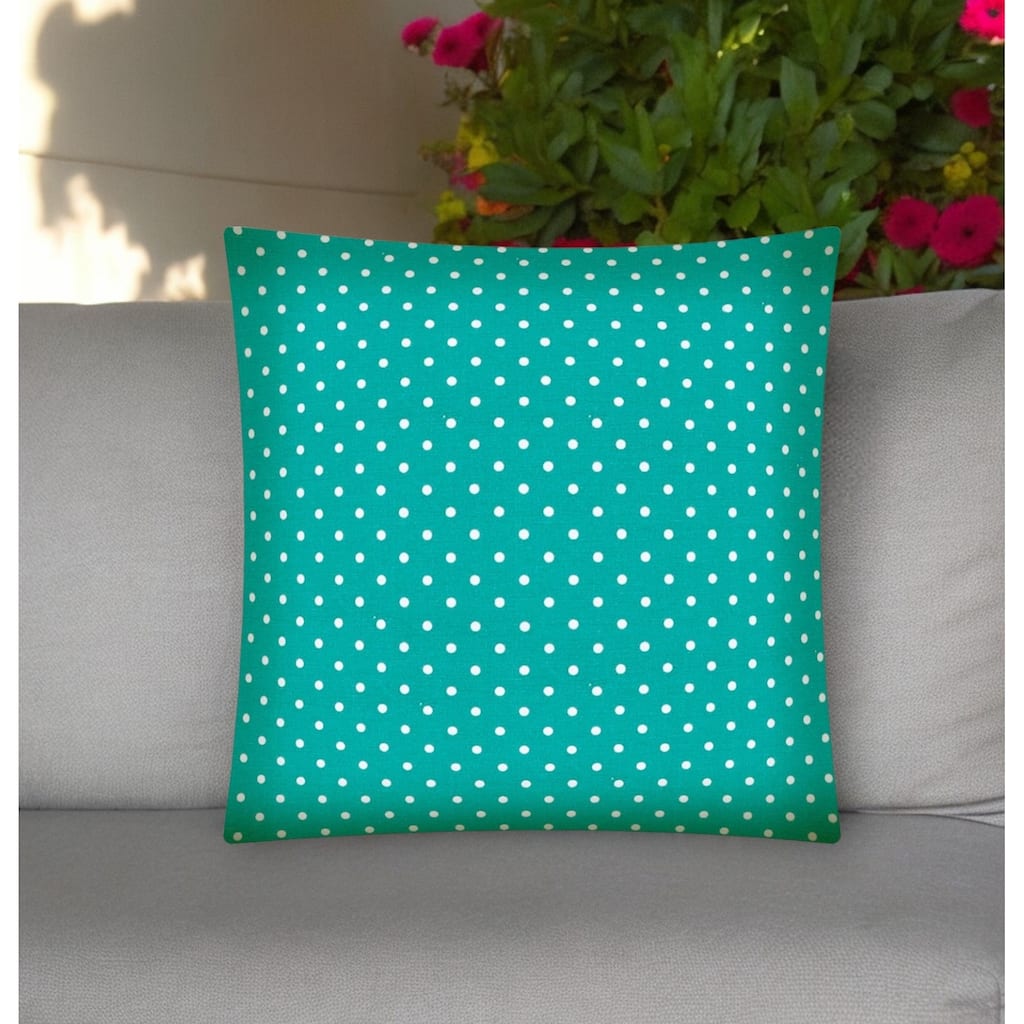 17" Turquoise and White Polka Dot Indoor Outdoor Throw Pillow Cover