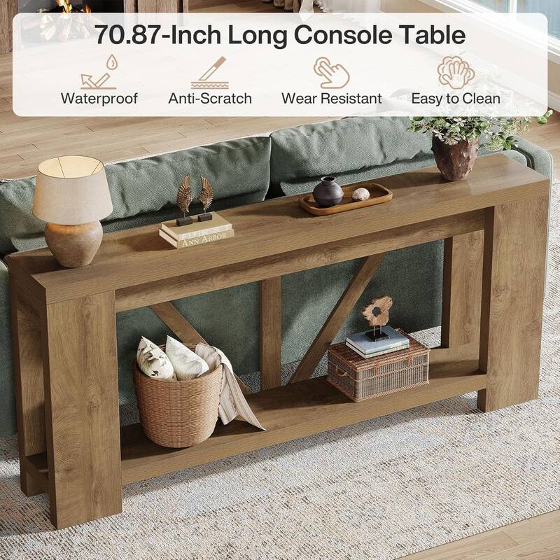 70.9 Inches Brown Engineered Wood Console Table, 2-Tier Behind Couch Sofa Table for Living Room