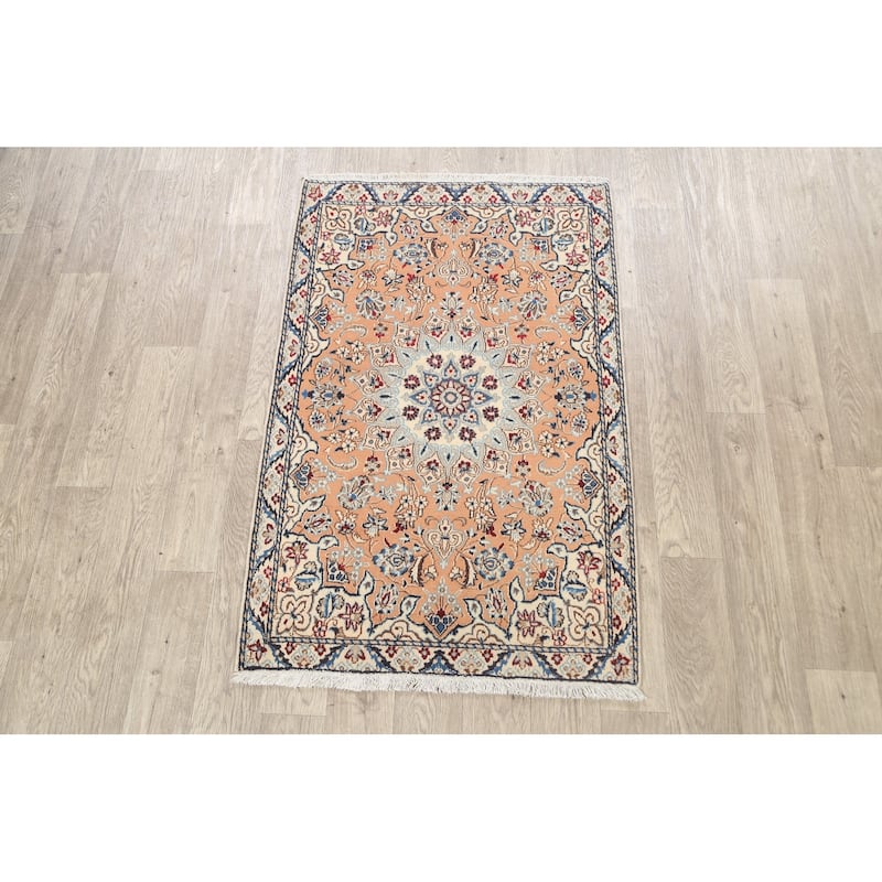 Vegetable Dye Floral Nain Persian Area Rug Hand-knotted Wool Carpet - 2'11" x 4'6"