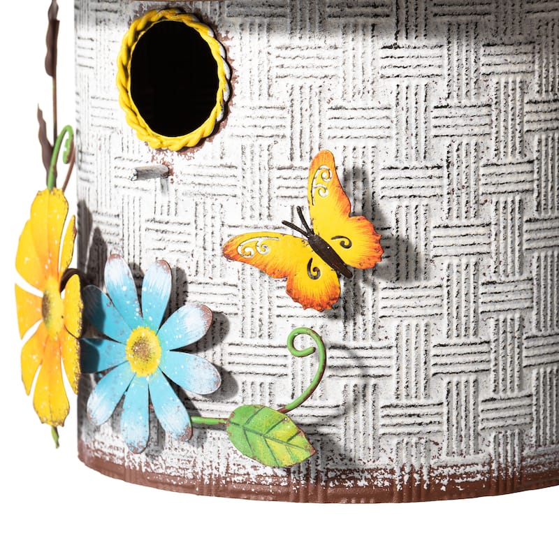 Glitzhome 11"H Spring Distressed Metal Cottage Birdhouse with 3D Flowers
