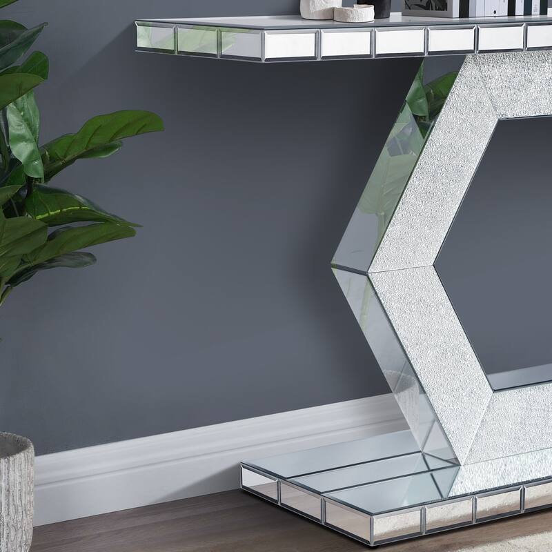 54.9" Modern Crystal Hexagon Mirror Console Table with Diamond Glass Effects