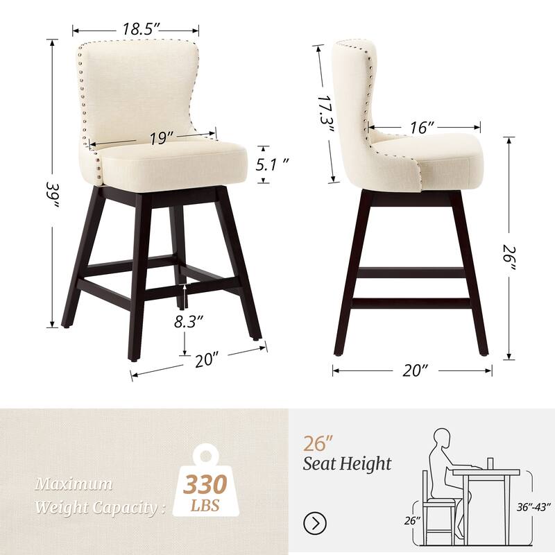 Modern 26 in. H Counter Height Bar Stools Upholstered 360 Free Swivel Counter Stools with Nailhead Trim