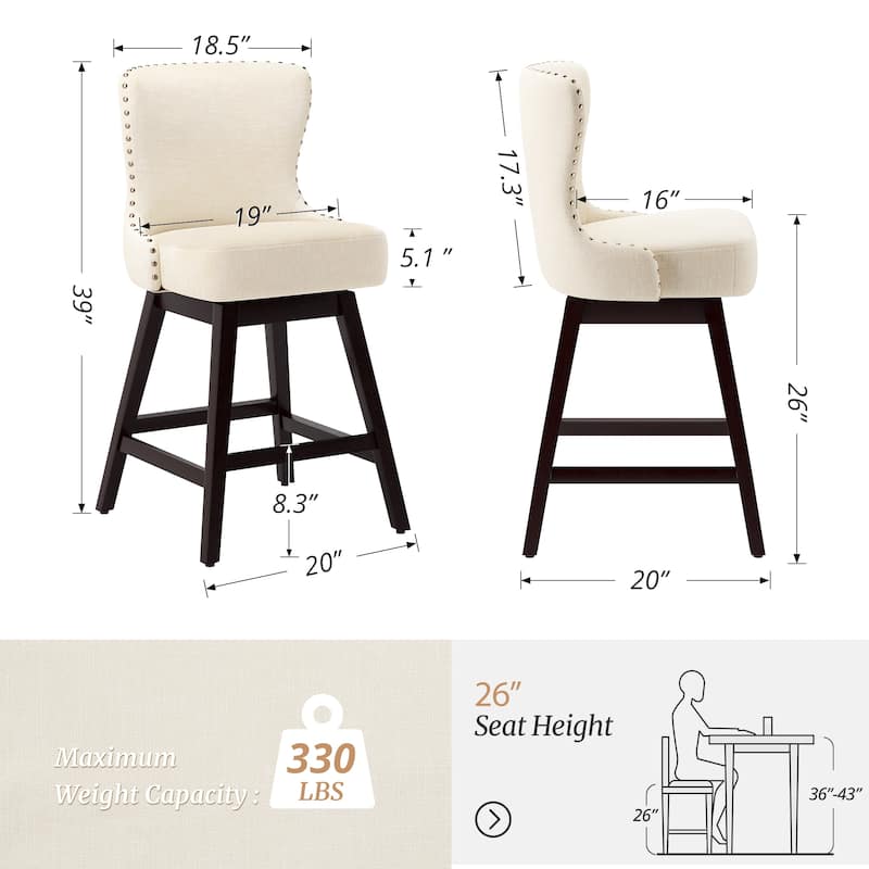 26 in. Mid-Century Modern Faux Leather/Fabric Swivel Bar Stools for Kitchen Island（Set of 3） - 20"W x 20"D x 39"H