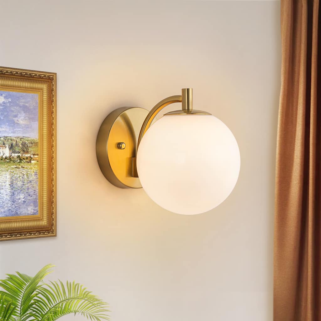 1-Light Mid-Century Modern Gold Wall Sconce with Opal Glass