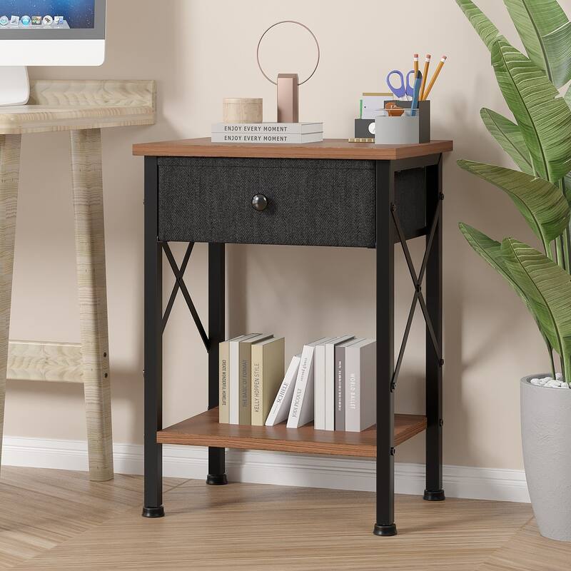 VECELO X Frame Nightstand with Removable Fabric Drawer Easy to Clean Nightstand Multifunctional End Table with Open Shelf - Brown