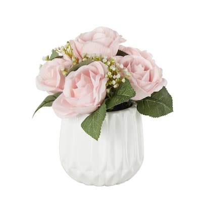 Fabric Artificial Flower with Green Leaves and Round Ceramic Vase - Pink - Roche River Decor