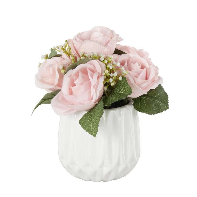 Pink Fabric Artificial Flower with Green Leaves and Round Ceramic Vase