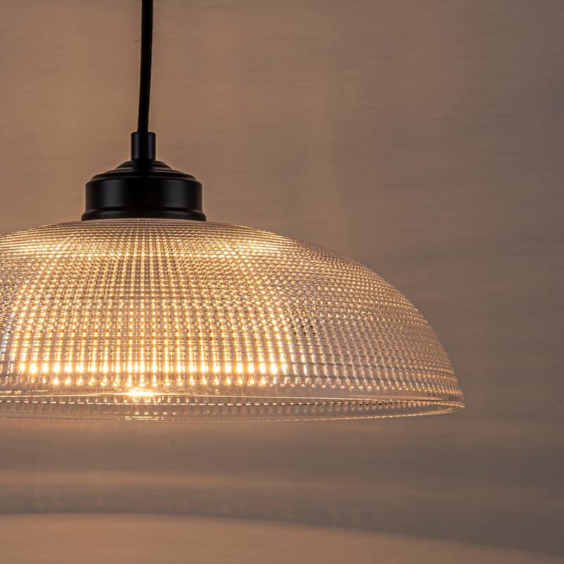 1-Light Matte Black Dome Pendant Textured Glass Kitchen Island Lights for Dining Room