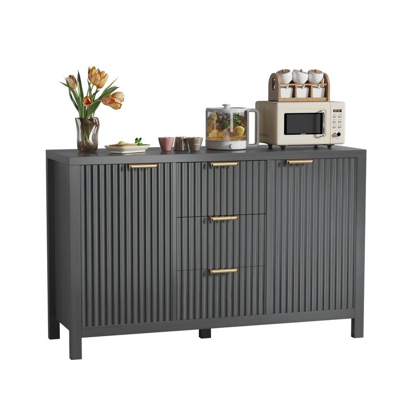 Sideboard Storage Cabinet, Fluted Credenza Buffet Cabinet with Two Doors and Three Drawers for Kitchen and Living Room