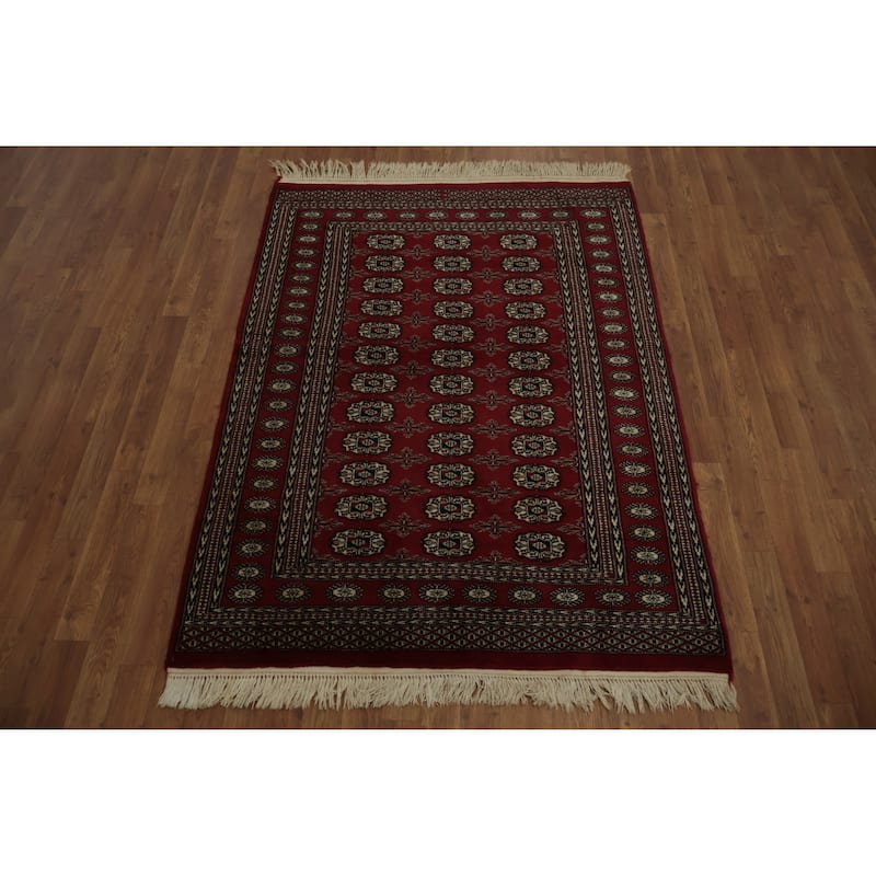 Hand Knotted Oriental 100% Wool Carpet Traditional Geometric Red Bokhara Area Rug - 5' 8'' X 4' 1''