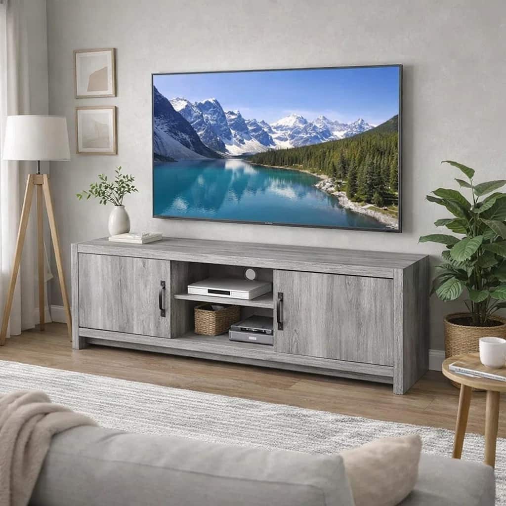 Cottage Style Wooden TV Console with Spacious Storage, Gray