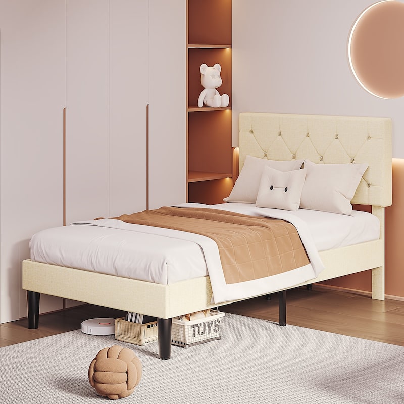 VECELO 2 Pack Upholstered Twin Size Kids Bed Frame Set of 2 Diamond Tufted Headboard with Crystal/Button Accents