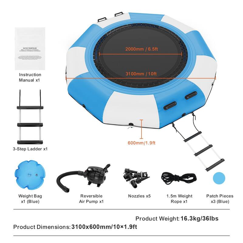10ft Inflatable Water Trampoline with Ladder and Pump for Lake or Pool