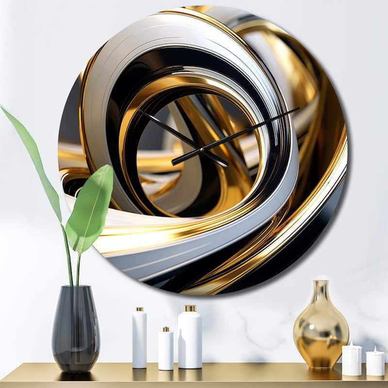 Designart "Liquid Gold Black And White Swirling Dimension I" Abstract Spirals Oversized Wall Clock - 23 In. Wide x 23 In. High