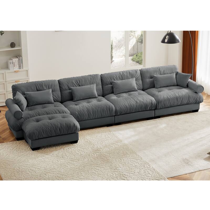 GDFStudio - Velvet 4-Seater 166" Cloud Modular Sectional Couch with Ottoman - Grey