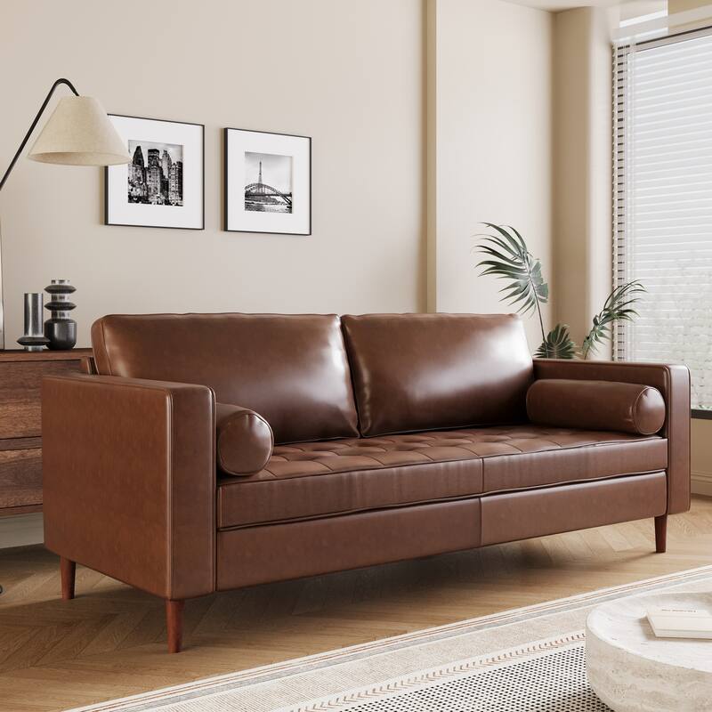 Mid-Century Modern PU Leather 3-Seat Sofa, Tufted Design, Solid Wood Legs, 2 Bolster Pillows, Comfortable sofa