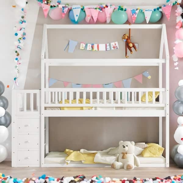 slide 2 of 5, Twin/Twin House Bunk Bed with Storage Shelves and Drawers White