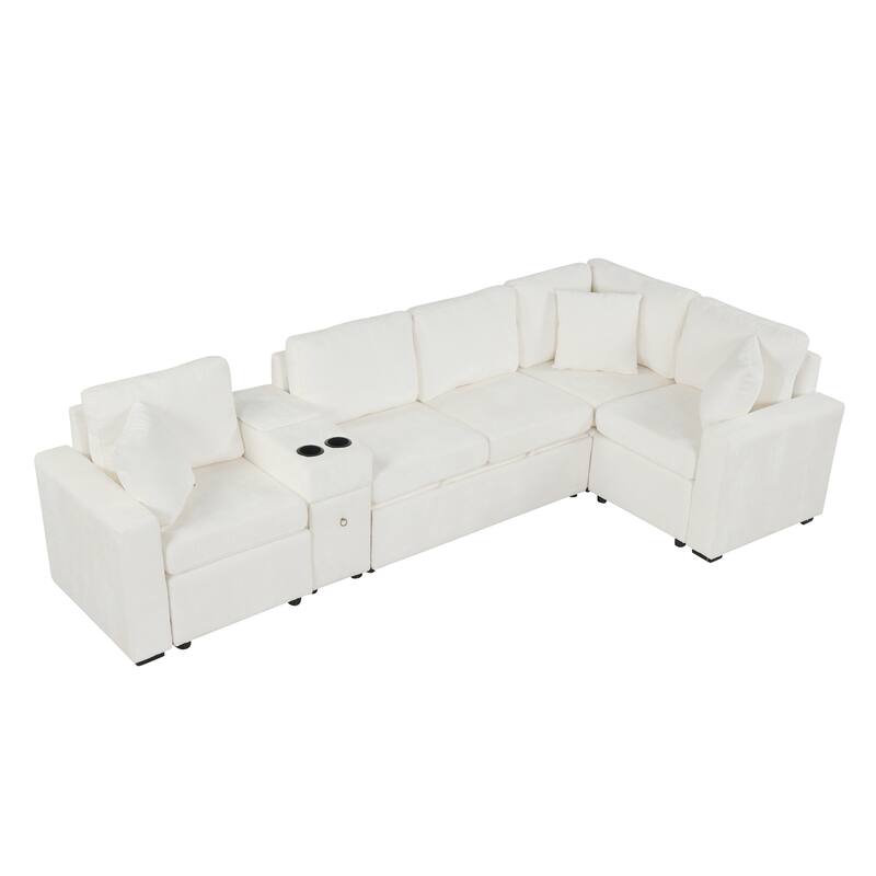 120.5" Chenille L-Shaped Convertible Sofa Bed with Pull-Out Bed, Storage Ottoman & Cup Holders