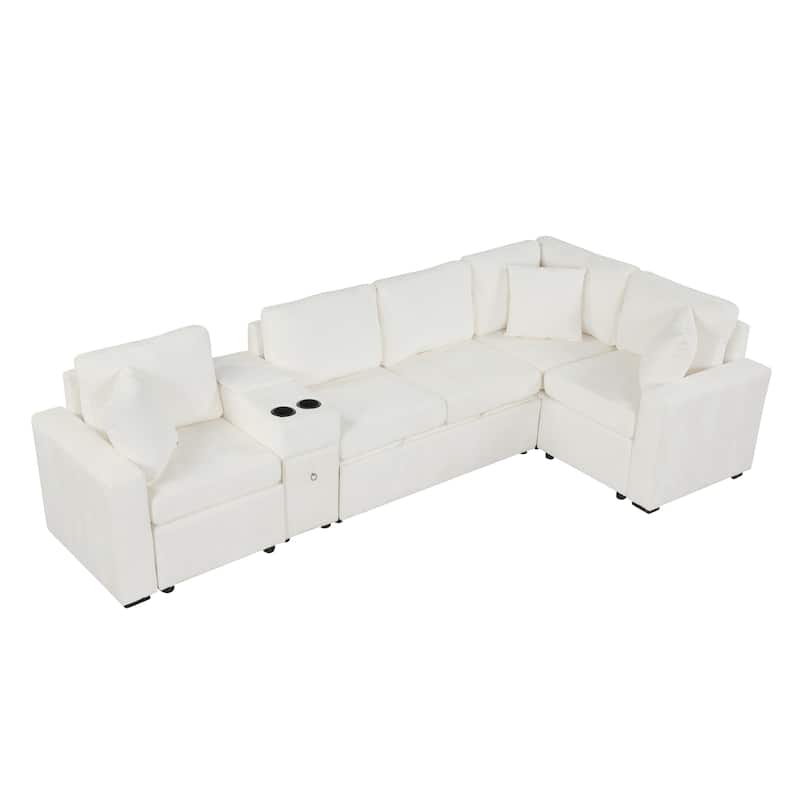 L-Shaped Modular Sectional Sofa with Pull-Out Bed, Chenille Convertible Sleeper Sofa Bed with Cup Holders & Multiple Storage
