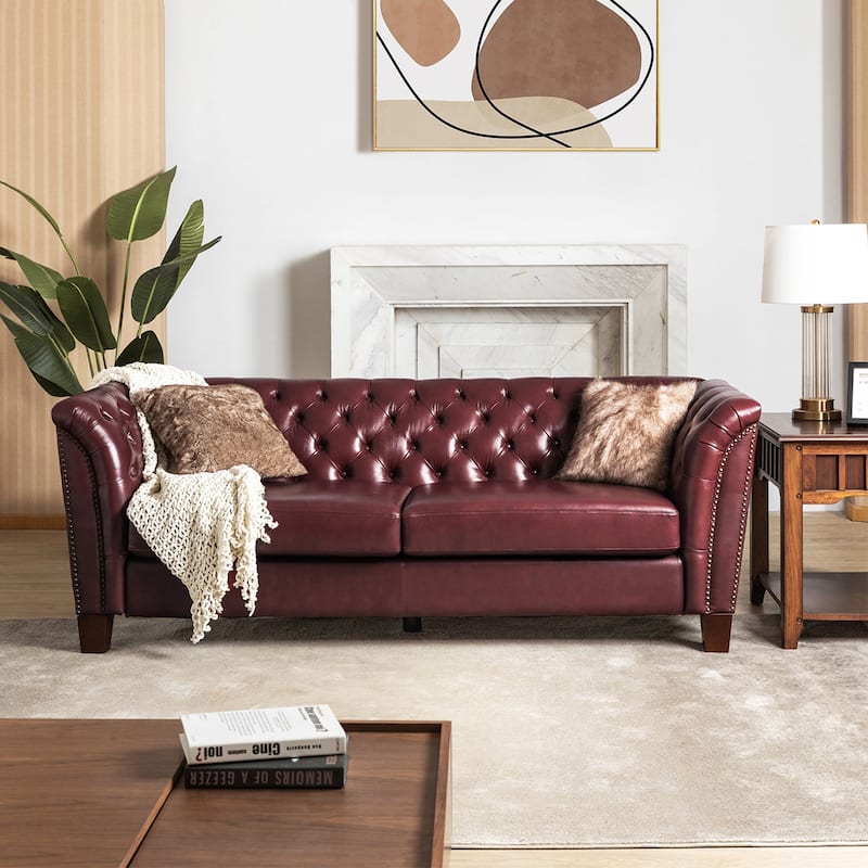 Regina 82.5" Tufted Genuine Leather Sofa Couch for Living Room By HULALA HOME - BURGUNDY
