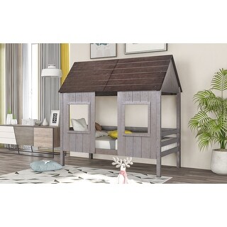 Twin Size Low Loft Wood House Bed with Two Front Windows for Kids/Teens ...