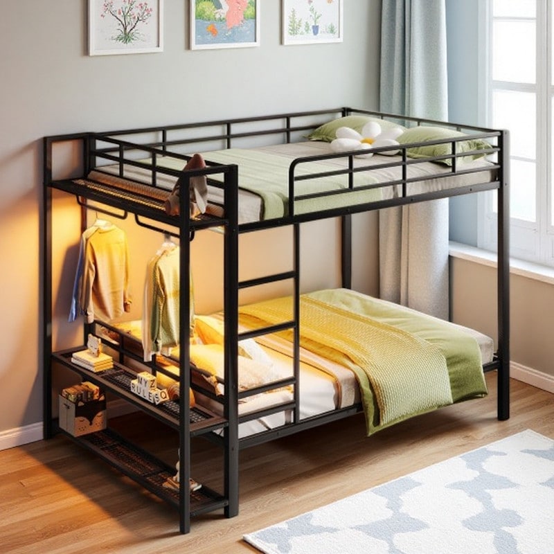 Queen Over Queen Metal Bunk Bed Frame with LED Light Strip, Storage Mesh Shelves & Clothes Hooks