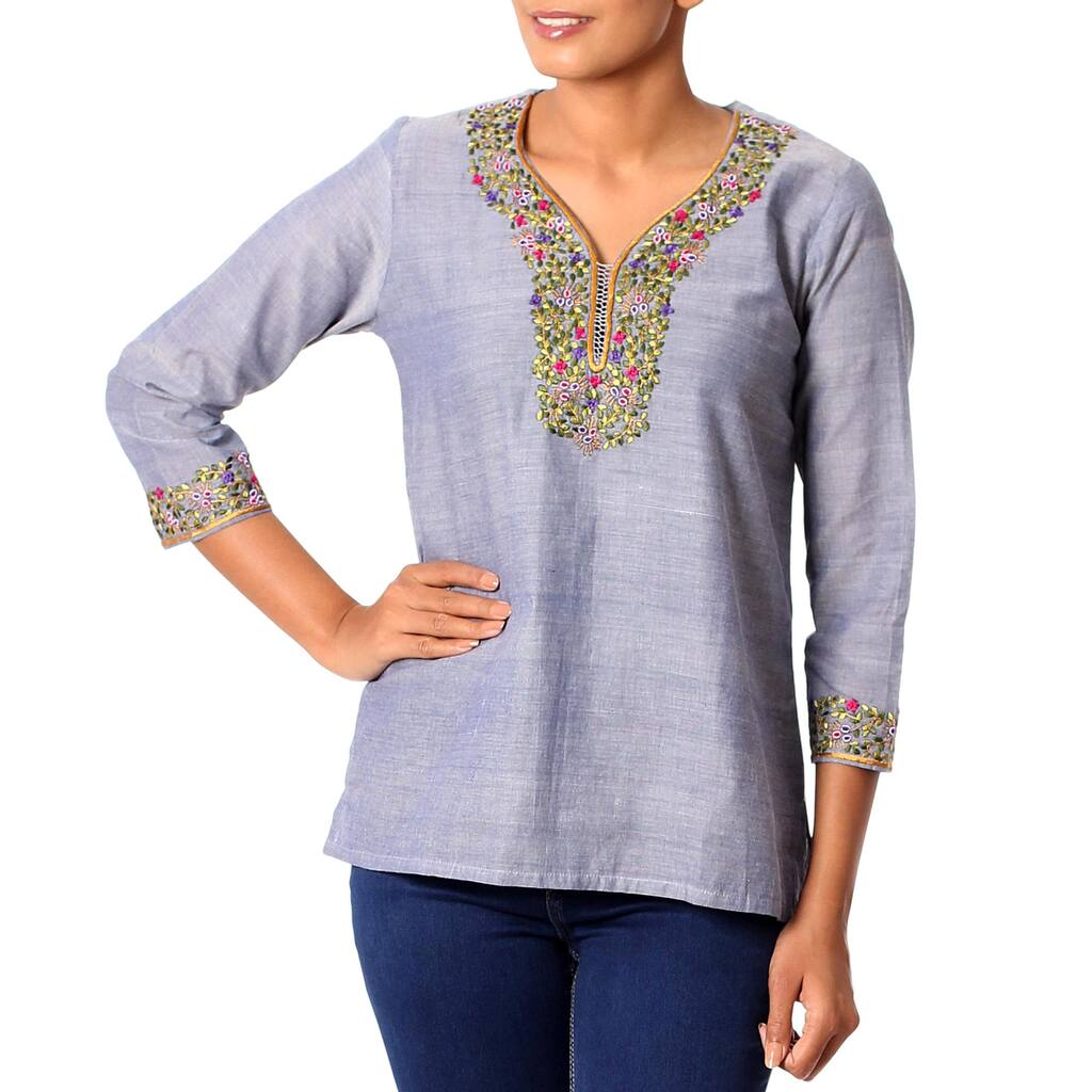 Handmade Cotton 'Grey Floral' Tunic Blouse (India)