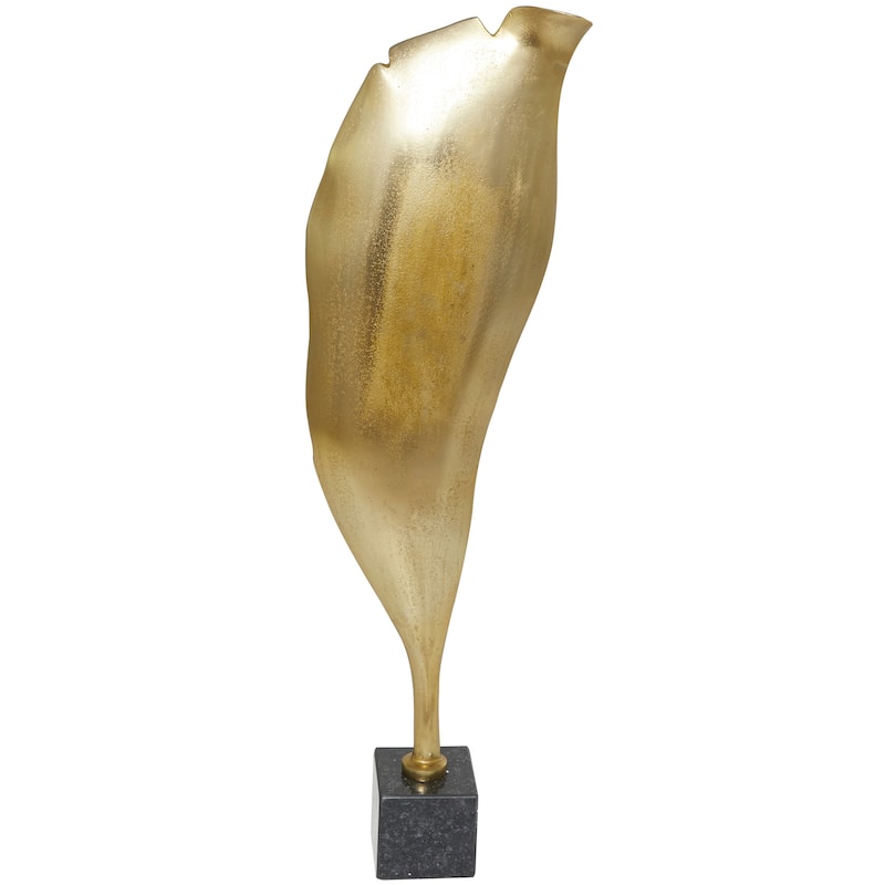 Gold Aluminum Metal Textured Leaf Abstract Sculpture with Black Marble Base