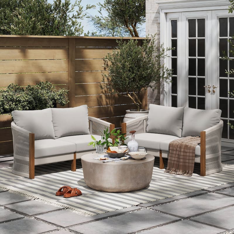 Jagger Farmhouse Patio Seating with Solid Acacia Wood Frame, Cushions, and Rope Accent