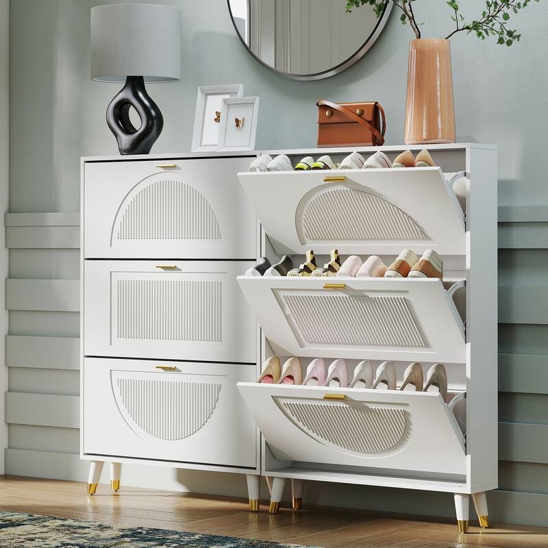 Slim Shoe Cabinet, Fluted Hidden Shoe Storage Cabinet with 3 Flip Drawers