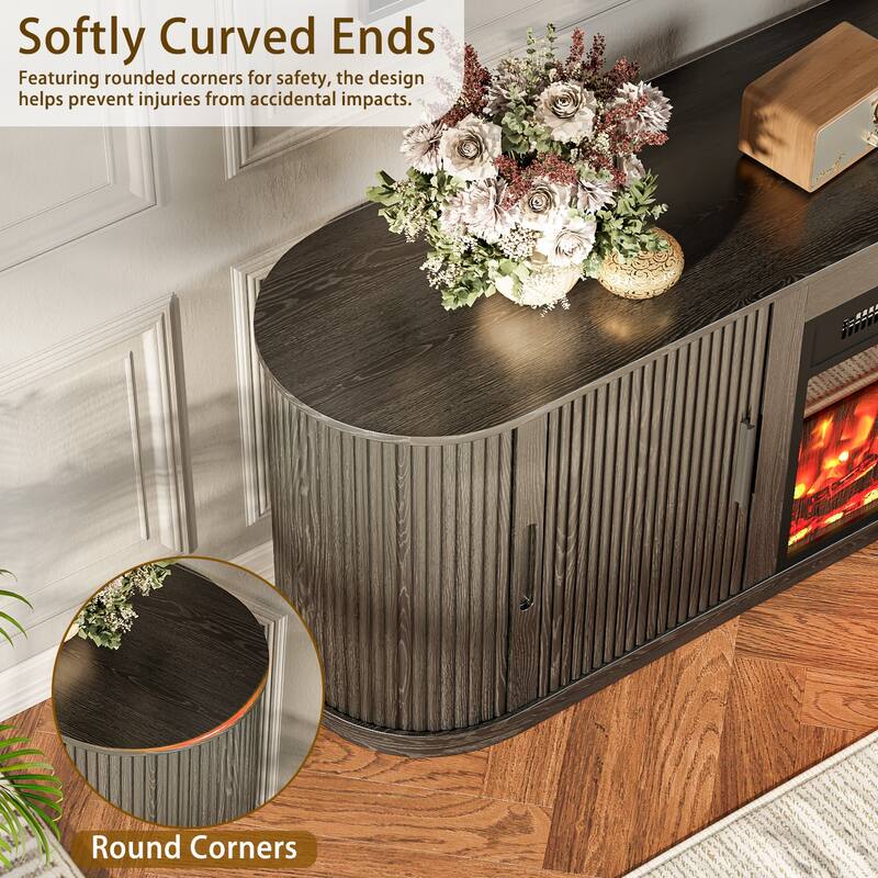 BOSSIN 70" Electric Fireplace TV Stand with Fluted Design, Curved Edges, 7 Flame Colors & 8H Timer, Holds Up to 80" TV, Black