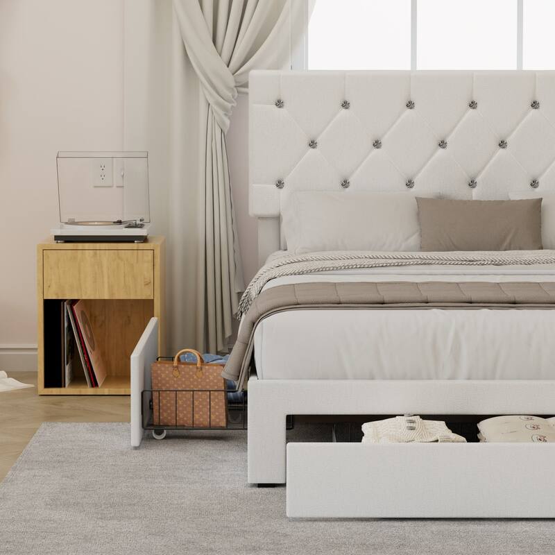 VECELO Bed Frame with Storage Drawers, Leather Upholstered with Diamond Tufted Headboard, Solid Wood Slat Support