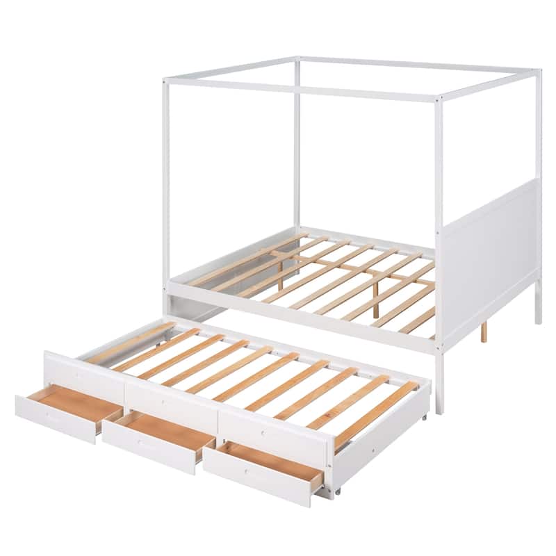 Pine Wood Queen Canopy Platform Bed with Twin Trundle, Storage Drawers