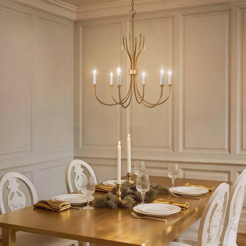 Modern Farmhouse 6-Light Chandelier Crystal Drop Candle Light for Dining Living Room - Dia. 24" x H 21"